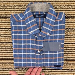 FACONNABLE Blue Grey Orange Plaid Flannel Cotton Sz L Mens Long Sleeve Shirt NEW